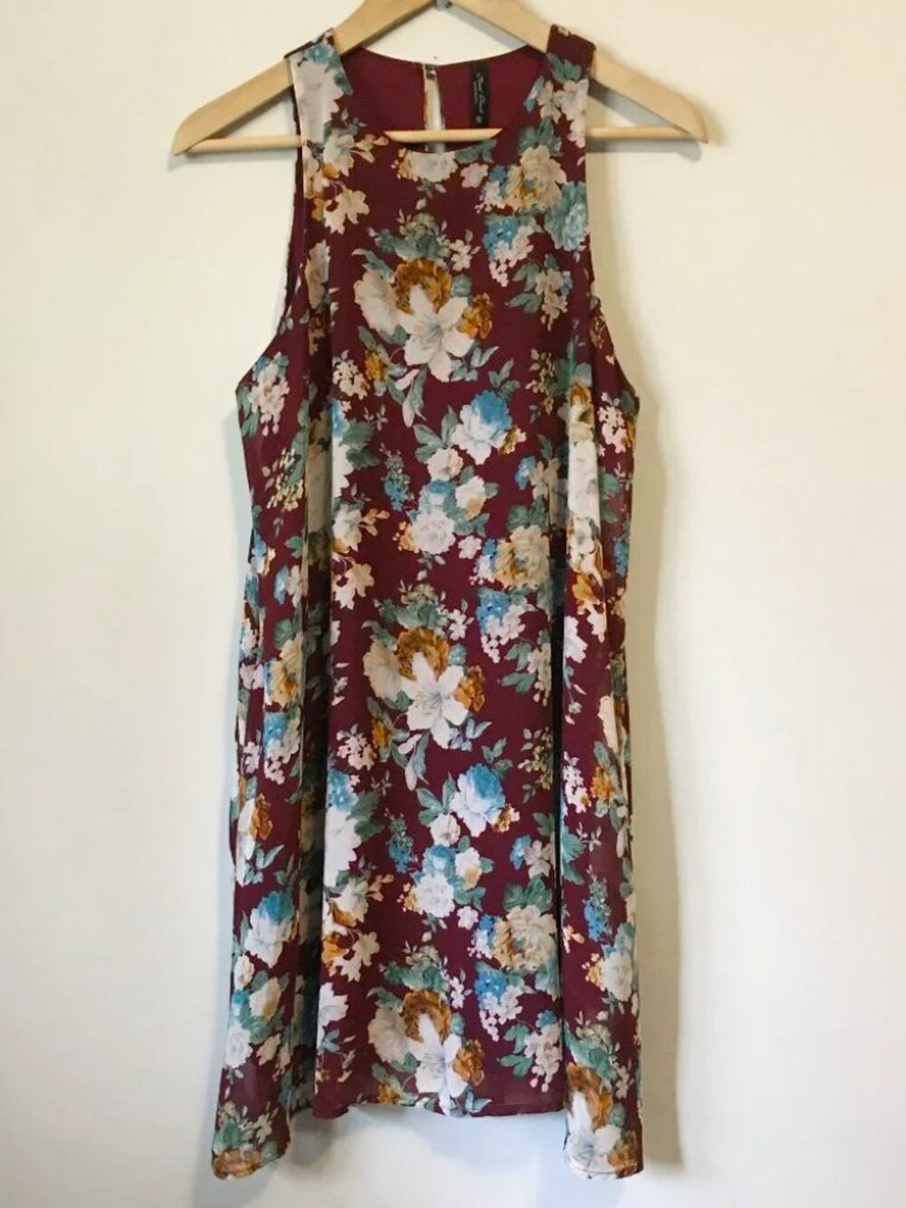 Final Touch Burgundy Chirimen Crepe Floral Print Dress M Bohemian Romantic
